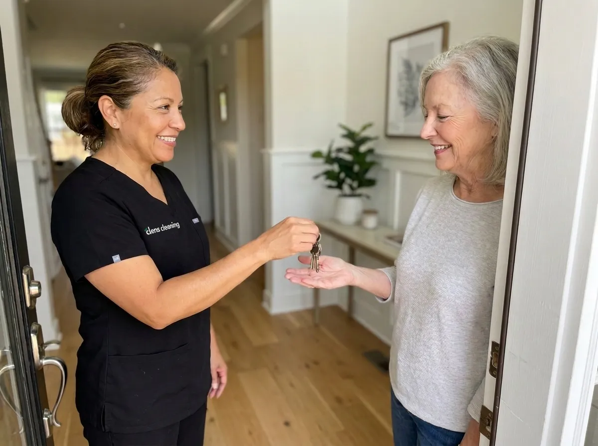 A Clens Cleaning employee handing keys to a homeowner at a San Diego home